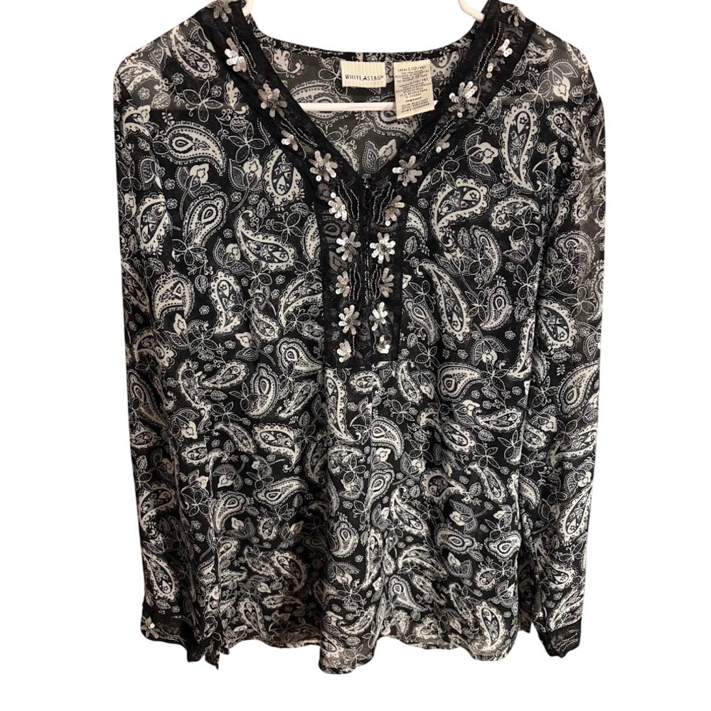 White‎ Stag Womens Black White Paisley Sequin V-Neck Blouse Top Size L 12/14